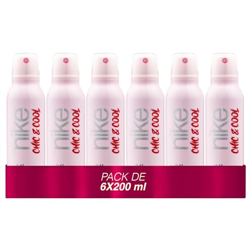 NIKE - Chic & Cool Pack de 6 x 200 ml, Desodorante Mujer Spray, Desodorante Antimanchas para Todo Tipo de Piel, 0% Sales de Aluminio, de Larga Duración, Fragancia Afrutada