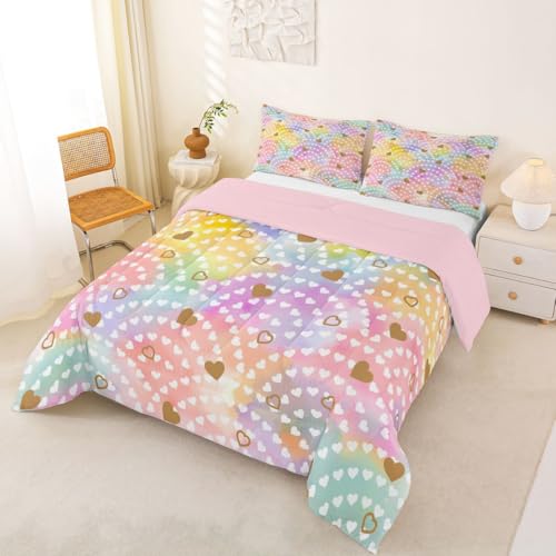 Image of Erosebridal Rainbow Hearts King Comforter Set Gold Heart Bedding Set for Kids Teens Valentine Love Geometric Quilt Love Heart Bedroom Decor 3 Pcs
