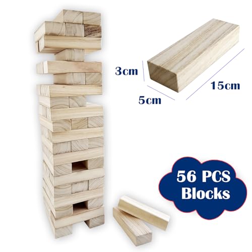 Jac & Mok Tumble Tower-Wackelturm-Turm Spiel 60 Stück Kiefernholz Toppling Blocks Spielzeug mit Tragetasche (Klassisch,56 Holzblöcke)