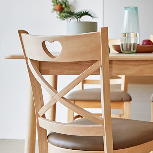 Livinia Heart X-Back Dining Chair Set Of 2, Solid Malaysian Oak Pu Leather Upholstered Cushion Seat Wooden Cross Back Side Chairs (Natural-Oak) #TOP4