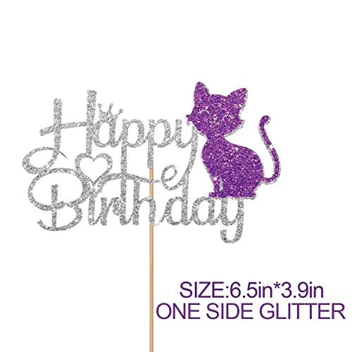 Silver Cat Cake Topper For Baby Girl Birthday Party Decor, Cat Happy Birthday Cake Topper, Glitter Kitty Birthday Party Decoration Supplies #TOP1