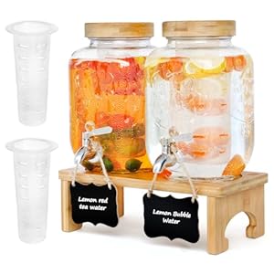 Aiqii 2er Glas Getränkespender mit Holzständer