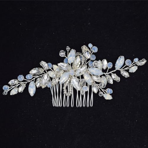 Wedding Hair Accessories Fanvoes Hair Pieces Comb for Brides Bridal Silver Vintage Headpiece Comb Clip Barrette Jewelry Handmade Flower Rhinestone Light Blue Opal Crystal for Women Bridesmaid