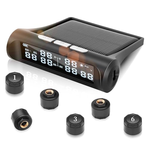 Tire Pressure Monitoring System,RV TPMS,5 Alarm Modes,Real-time Tire Pressure&Temp LCD Display,IPX67 Waterproof,Wireless Solar System&USB Charge,TPMS for 6 Wheeled RV/Trailer/Truck/Sedan(0-144psi)