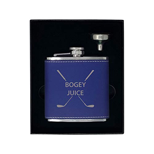 Bogey Juice Flask, Funnel, and Gift Box - Golfing Birdie Juice Hip Stainless Steel Leatherette Metal Matte 6-Ounce Golf Bag Flask (Blue)