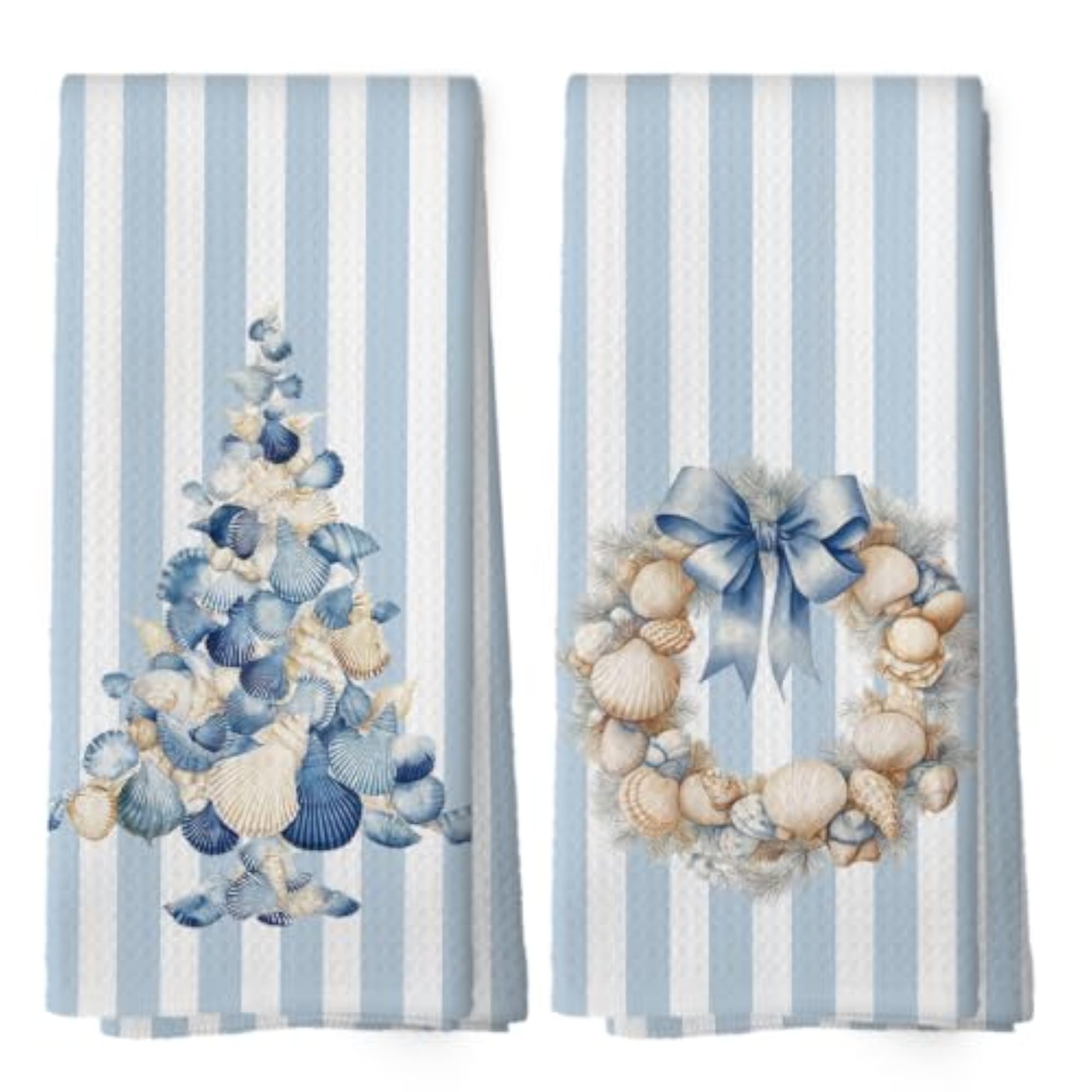 Blue Coastal Beach Christmas Kitchen Towels Set of 2
