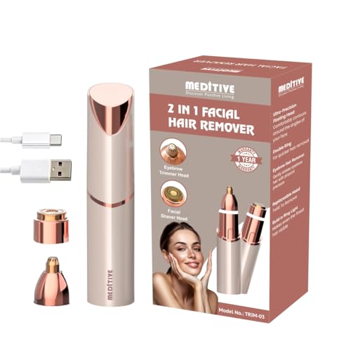 Image of MEDITIVE 2 in 1 Women Facial Hair Remover & Eyebrow Trimmer | Painless Facial Trimmer for Women | Built-in Ring Light | Type-C USB Rechargeable | Compact, Stylish And Easy to Use