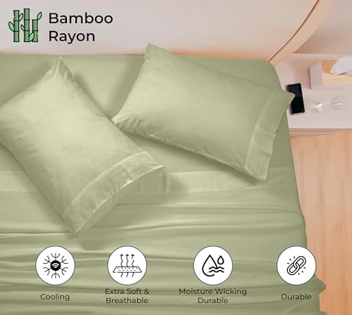 Image of Royale Linen Bamboo Viscose Queen Sheet Set - Cooling Bed Sheet Set - 1 Fitted 1 Flat & 2 Pillowcase - Fits Up to 16 - Organic Viscose Derived from Bamboo - Bedding Sheet &Pillowcase (Queen,SageGreen)