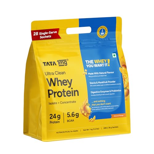 Image of Tata 1mg Ultra Clean Whey Protein Isolate + Concentrate - Natural Mango 1kg | 24g Protein, 5.6g BCAA & 30B CFU Probiotics-28 Sachets