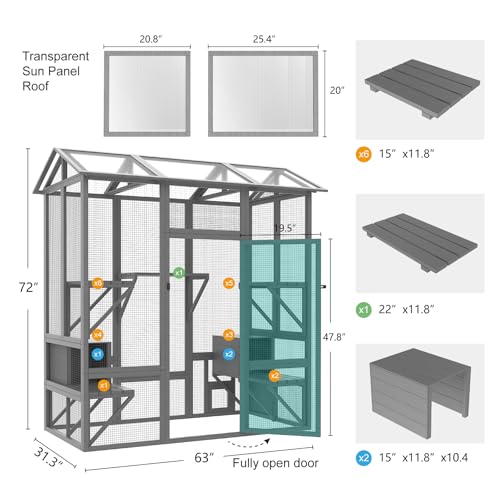 TIMHAKA Cat Catio Outdoor, Large Cat House, Outside Cat Enclosure with Sunshine Panel Roof and Waterproof Cover, Wooden Cat Cage with 7 Platforms & 2 Resting Box, Walk in Feral Cat Shelter, 72 inch