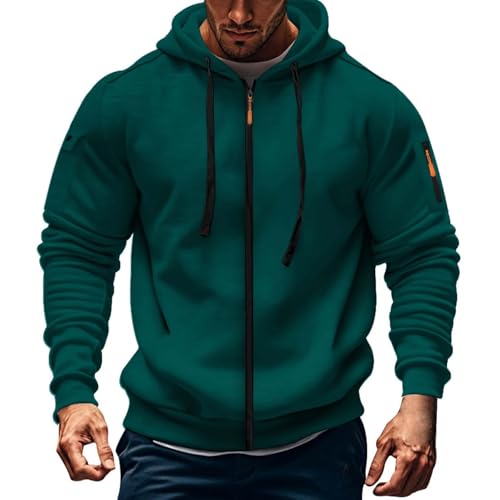 Sudadera con capucha para hombre de gran tamaño, con cremallera, bolsillo multifuncional, sudadera con capucha, informal, moderna, monocolor, suelta, con manga larga, verde, L
