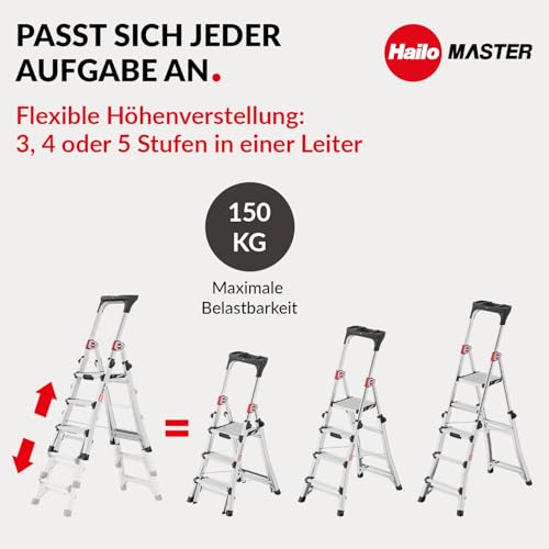 Hailo Master TL100 Topline 3-in-1 Alu Teleskopleiter - Flexible Arbeitshöhe 3-5 Stufen belastbar bis 150 kg - 2,65-3,09 m Arbeitshöhe einstellbar - extragroße Plattform - Leiter ausziehbar - Aluleiter