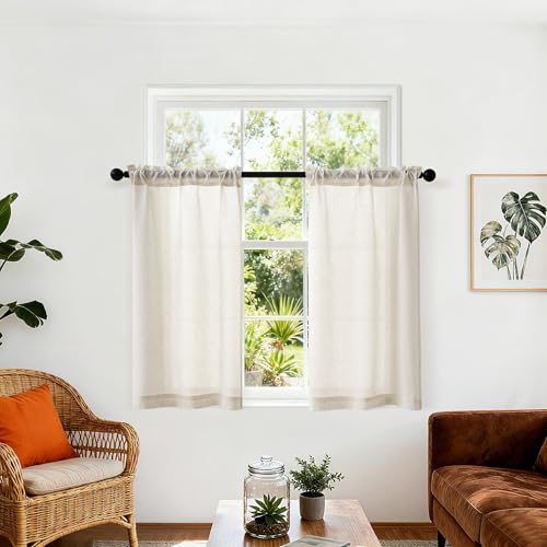 DUKIYO 2 Panels Basement Curtains for Small Window Natural Linen Half Curtains Smei Sheer Light Reducing Flax Texture Drapes for Kitchen Basement Small Window/Loft Room, Beige 25x45 Inches