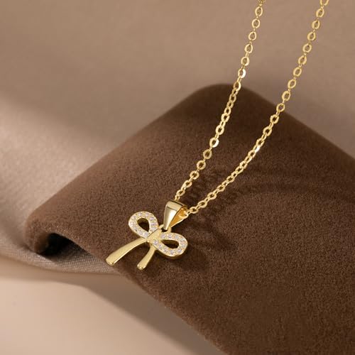 Image of Reffeer Solid 925 Sterling Silver CZ Bow Necklace Chain for Women Teen Girls Crystal Bow Pendant Necklace Choker Bowknot