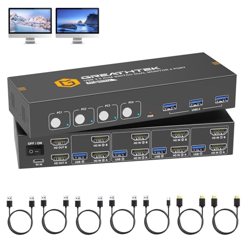 HDMI KVM Switch 4 Computers 2 Monitors with 3 USB3.0 Ports, 4K@60Hz Dual Monitor KVM Switch 4 Port for 4 PCs Share 2 Monitors, Support Button Switch, Adaptive EDID, 4 in 2 Out