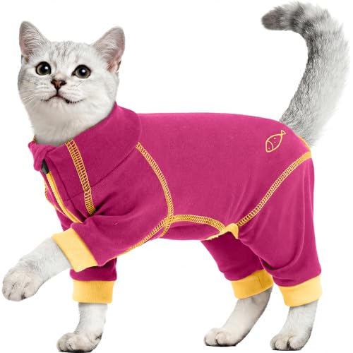 ROZKITCH Cat Anti-Licking Recovery Wear, 4-Leg Cat Onesie Pajamas with Zipper Neck, Soft Stretchy Cat Clothes for Post-Care Support, Cone Alternative for Indoor Cats Rosered M