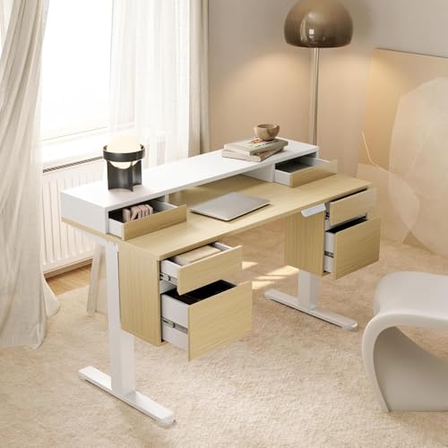 Image of HUANUO Electric Standing Desk with 6 Drawers, 55 Inch Height Adjustable Stand Up Desk with Storage, Computer Workstation Compatible with Monitor Stand for Home Office, Light Walnut