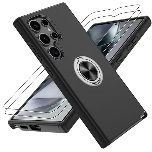 Gritup für Samsung Galaxy S24 Ultra Hülle mit 2 Stück Schutzfolie Militärstandard Stoßfeste Handyhülle Robuste Fallschutz Schutzhülle 360 drehbare Metallhalterung Case für Galaxy S24 Ultra Schwarz