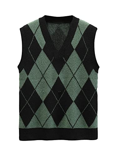 Gorglitter Men's Striped Cable Knit Sweater Vest Sleeveless V Neck Pullover Sweater Tops Black And Green X-Large #TOP22