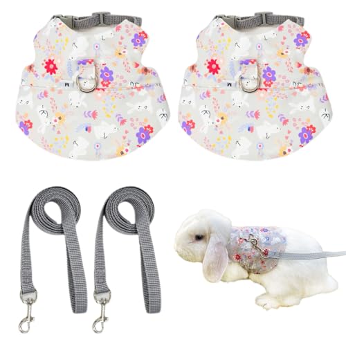 Image of 2 Sets Rabbit Harness and Leash, Cute Adjustable Bunny Clothes Harness Escape Proof Pet Supply (Grey, M)
