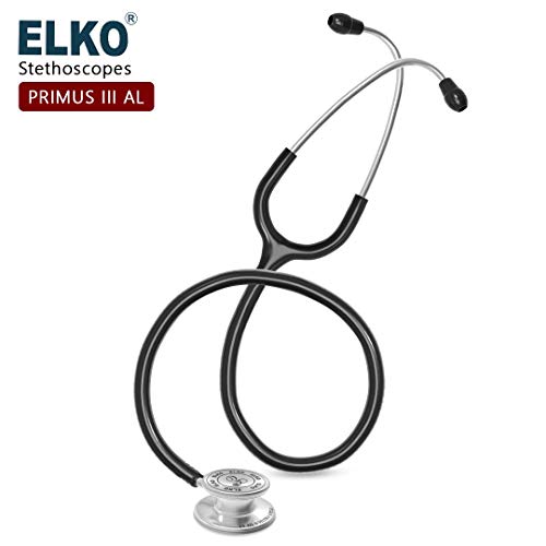 Image of ELKO EL-160 Primus III AL Aluminum Head Stethoscope For Doctors and Medical Students | Double Sided Chest Piece For Adult & Pediatric Patients | U-Shaped PVC Tubing | Soft Sealing Ear Knobs (Black)