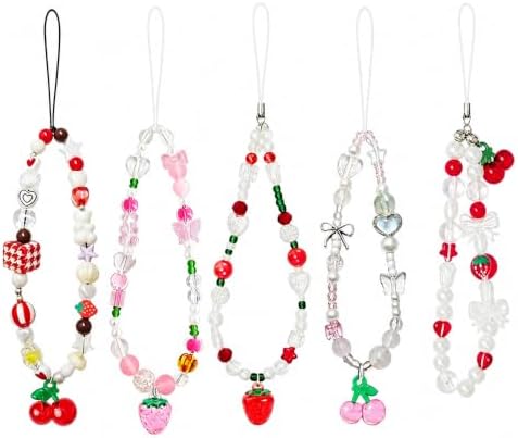 5 PCS Beaded Phone Charms, Cherry Strawberry Pearl Design Wrist Strap image 2