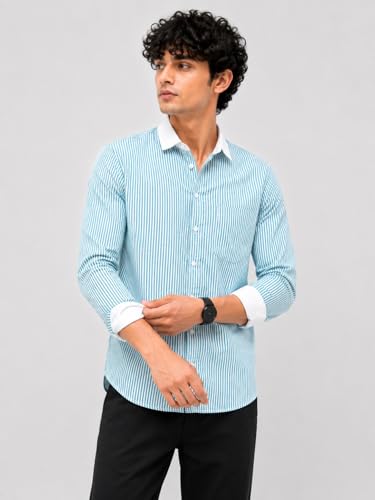 Image of Men's Striped Casual Shirt | White Collar & White Cuff Design | Full Sleeve Cotton Blend Shirt for Men | Slim Fit Stylish Casual Wear