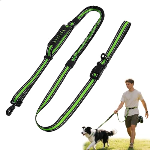 Guinzaglio Per Cani, Guinzaglio Cane, Guinzaglio Mani Libere per Cani Cintura a Vita con Cordino Emergenza 50cm Bande Riflettenti Verde Fluorescente 2.5m per Running e Trekking