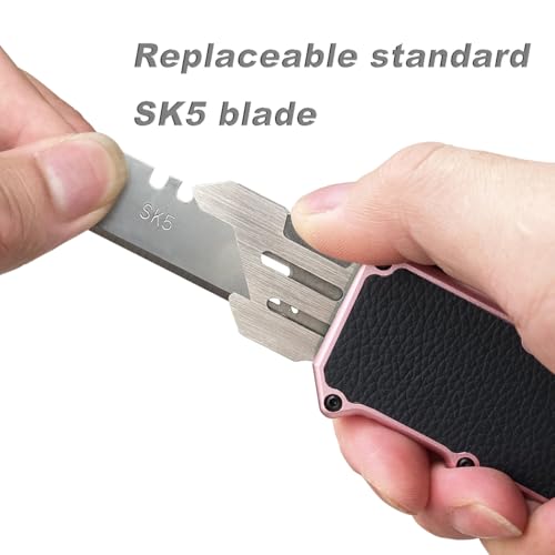 Image of Caressolove Automatic Utility Knife, Razor Blades Pocket Knife, Box Cutters Retractable Heavy Duty, Premium Safety Push Button Knife with 5PCS Blades (Rose gold)