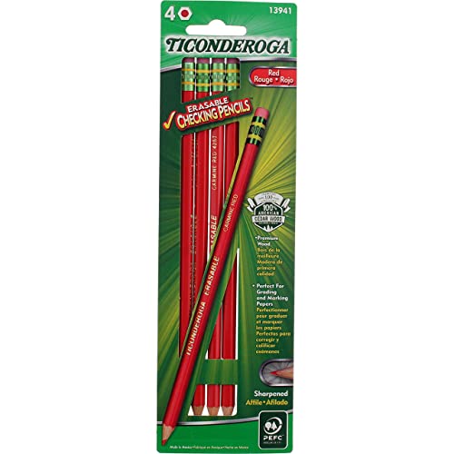 Ticonderoga Erasable Checking Pencils, Eraser Tipped, Pre-Sharpened, Red, 4 Pack (2 pencils per Pack) (13901)