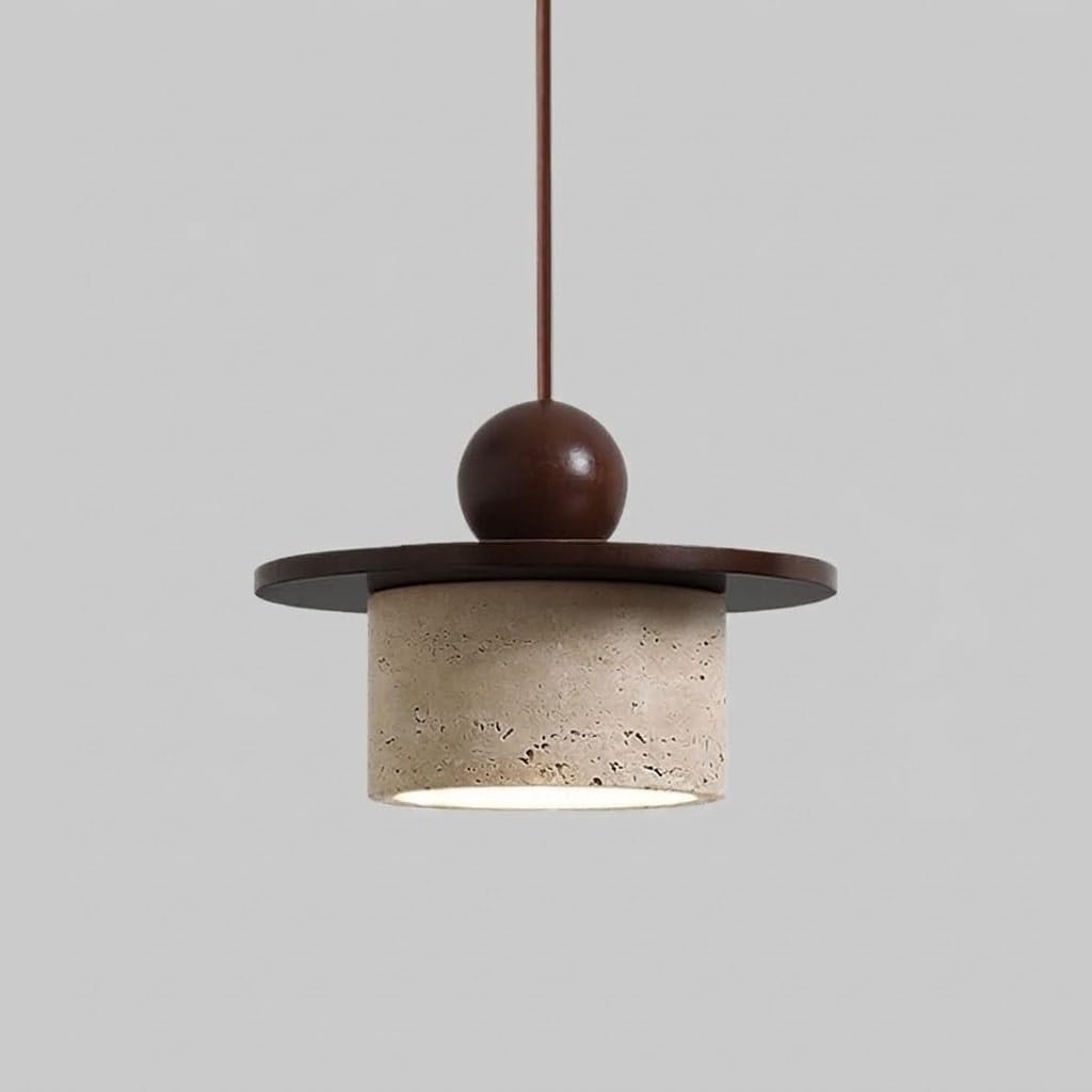 COSRUB Travertine Stone Pendant Light, Cream Cylinder Hanging Lamp with Wood Accent Japanese Small Adjustable Chandelier for Bedside Reading Nook Kitchen Island(Walnut)