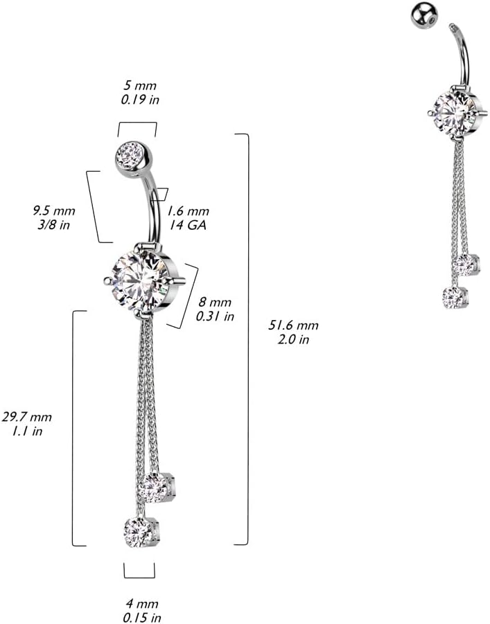 Pierced Owl 14GA 316L Stainless Steel Double Jeweled with Double CZ Crystal Chain Dangling Belly Button Ring - Image 2