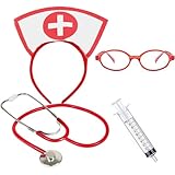 Ausejopeac Halloween Costume Accessory, 4Pcs Nurse Costume Set Nurse Hat Headband Stethoscope and Glasses Set Sexy Halloween Role Play Party Fancy Dress