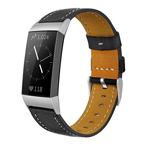SHANGPULE Compatible for Fitbit Charge 4 / Fitbit Charge 3 / Fitbit Charge 3 SE bands, Genuine Leather Band Replacement Accessories Straps Women Men Small Large (Black)