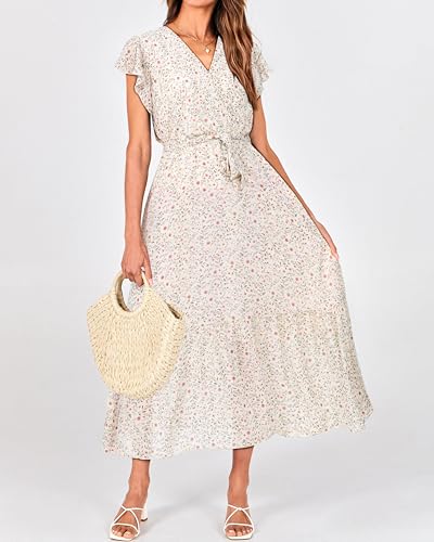 Image of BTFBM Women Summer Bohemian Floral Casual Wrap V Neck Ruffle Cap Sleeveless Belt A-Line Pleated Hem Midi Sun Dress White