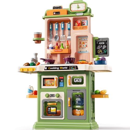 Image of Kids Kitchen Playset, 31.5 inch 73PCS Play Kitchen for Toddlers 1-3, with Steam, Sound & Light, Cooking Stove, Play Sink, Oven, Play Food and Toy Kitchen Accessories, Pretend Play Toys for Girls Gift