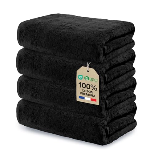 Lot de 4 Serviettes de Toilette 50x100 cm Noir en 100% Coton 500 g/m², Essuie Main Grande Taille Douces Résistantes et Durables Certifiées Oeko-TEX