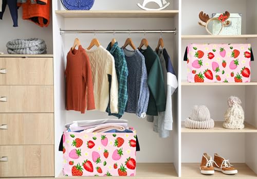 Image of Strawberry Print Storage Box Girls Gifts Basket Clothes Hamper Basket Collapsible Organizer Bin Gift Shelf Baskets for Home and Kitchen Storage.