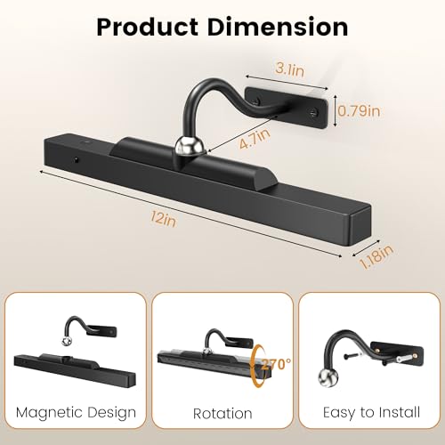 Image of Picture Light for Wall, 12 inch Rechargeable Wireless Battery Operated Painting Lighting, Dimmable LED with Remote 3CCT for Wall Art Gallery Display (Black)