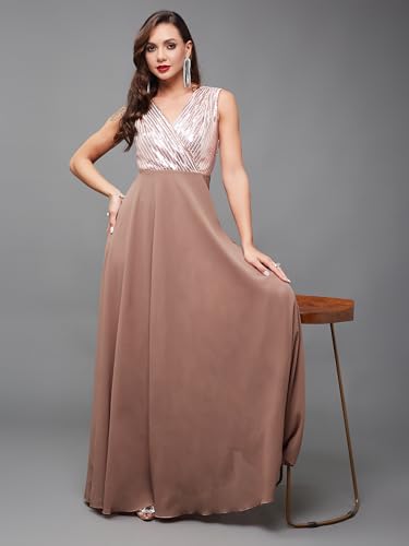 Image of Miss Chase Women's Round Neck Sleeve Embellished Fit Flare Maxi Dress