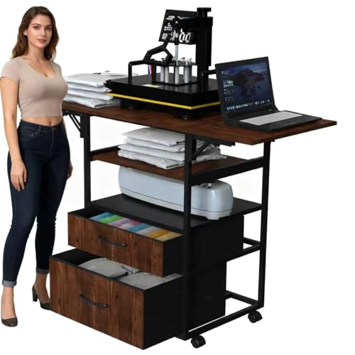 Movable Heat Press Table with Pull-Out Tray, 4 Tier Foldable Heat Press Stand with Drawers - Heat Press Stand with Wheels for Easy Mobility, Heavy Duty Rolling Cart with Wheels and Storage(Brown)