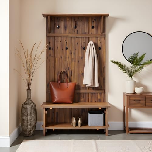 Alaterre Furniture Bethel 70-Inch Acacia Wood Hall Tree with Bench, Storage Shelves & Metal Coat Hooks – Entryway Organizer for Mudroom, Hallway, or Kitchen (Natural Aged Brown Finish)