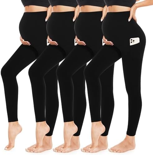 4 Pack Womens Maternity Leggings with Pockets Over The Belly Butt Lift - Soft Workout Pregnancy Yoga Pants
