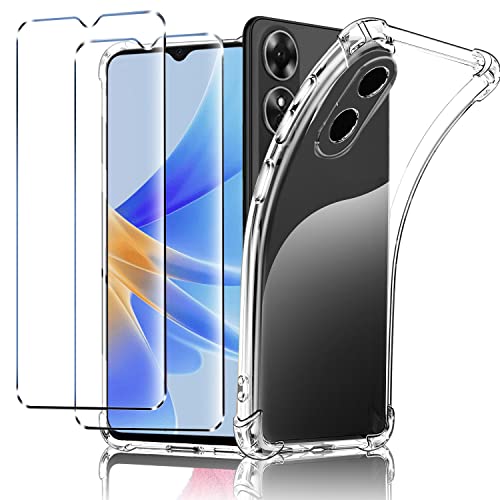 New&Teck Coque pour Oppo A17 + 2 Verre Trempé Protection écran, Housse Etui en Transparent Silicone TPU Souple, Bumper avec Coins Renforcés, Protection Claire Cover