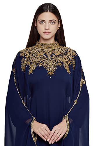 Aniiq Women Dubai Kaftan Farasha Caftan Long Maxi Dress Free Size Navy Blue Long Sleeves Evening Dress With Free Scarf #TOP5
