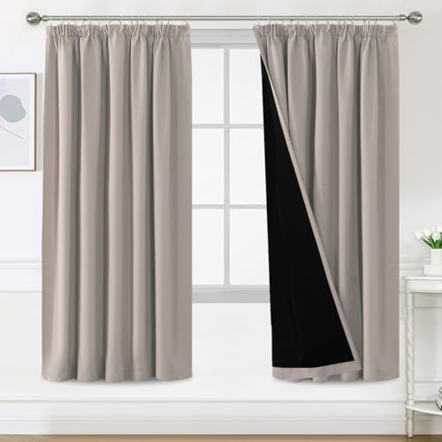 BellaHills 100% Gardinen mit Kräuselband Blickdicht Vorhang Kälteschutz Verdunklungsvorhänge Gardinen Wohnzimmer, Schallschutz Vorhang 2er Set H225 x B140 cm, Natur