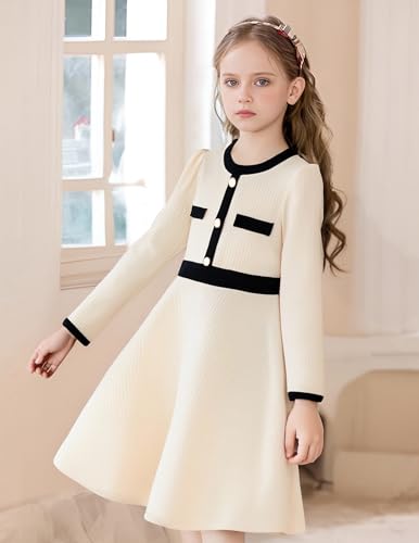 Girls Dress Fall Dress Long Sleeve Button Color Block Winter Casual Party Dresses 5-14Y3