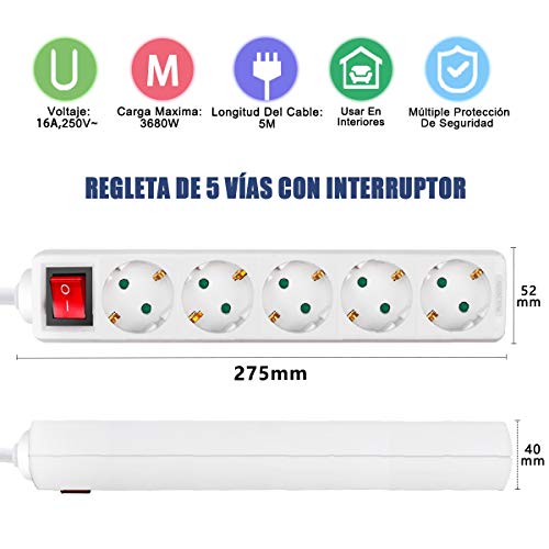 Regleta con 5 enchufes blanco y cable largo 5m para hogar y oficina 2