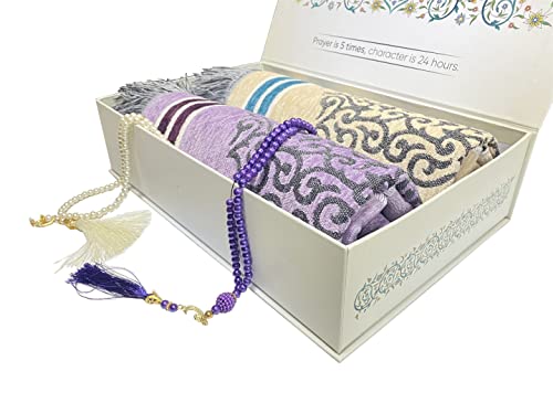 Juego de regalo islámico 2 piezas (cuentas de oración de lujo Tasbeeh) Namaz Alfombra musulmana turca Janamaz Sajadah, ideal/Hajj/Umrah/Ramadán/Boda/Niqah Regalo (morado y azul) Cover