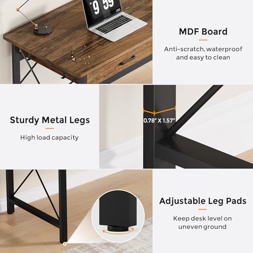 Condemo 78.7 inch Extra Long Computer Desk with 3 Drawers, Two Person Office Desk, Double Desk with Hooks, Industrial Writing Study Table Workstation for Home Office, Vintage Brown - Thumbnail 5